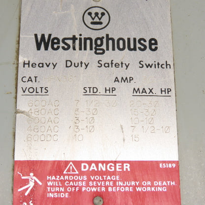 Westinghouse HFN361 30A Heavy Duty Fusible Safety Disconnect Switch 600V 3-Pole