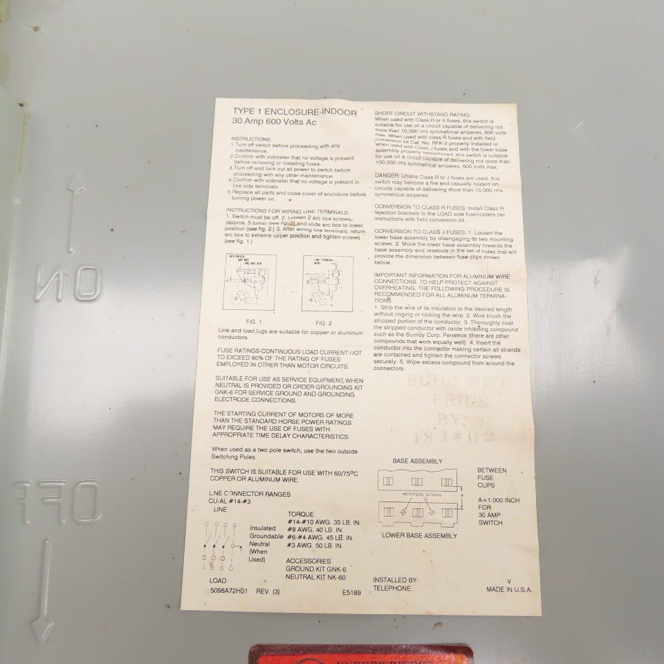 Westinghouse HFN361 30A Heavy Duty Fusible Safety Disconnect Switch 600V 3-Pole