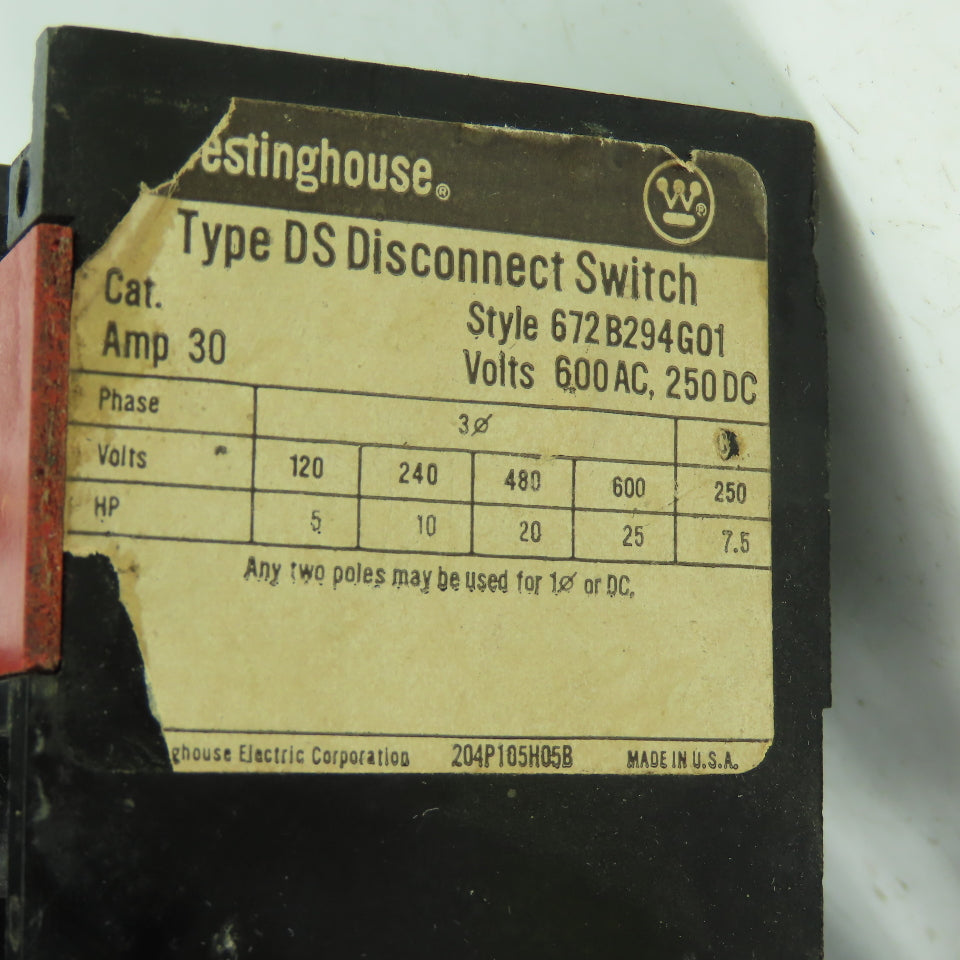 Westinghouse 672B294G01 3-Pole Type DS Disconnect Switch 600VAC 250VDC 7.5HP