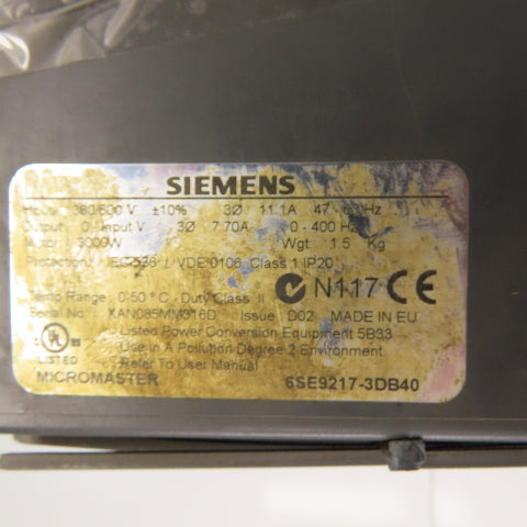 Siemens 6SE9217-3DB40 Micromaster Output Frequency Inverter (PARTS/REPAIR)