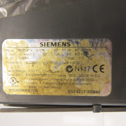 Siemens 6SE9217-3DB40 Micromaster Output Frequency Inverter (PARTS/REPAIR)
