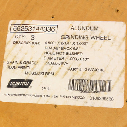 Norton 50A60-J8VH 4-1/2" x 2-1/4" OD x 1" Bore Alundum Grinding Wheel Lot Of 3