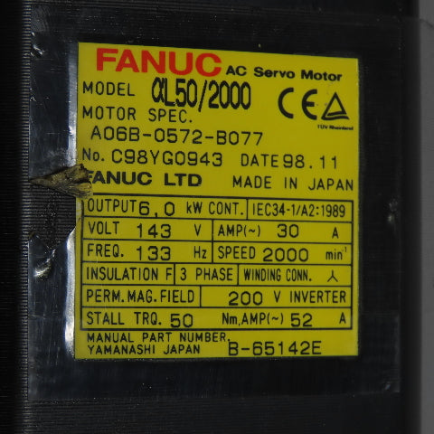 Fanuc A06B--0572-B077 aL50/2000 6.0KW AC Servo Motor 143V 3Ph 2000RPM