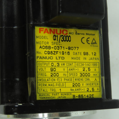 Fanuc A06B-0371-B077 a1/3000 0.3KW AC Servo Motor 90V 1Ph 3000RPM W/ Pulsecoder