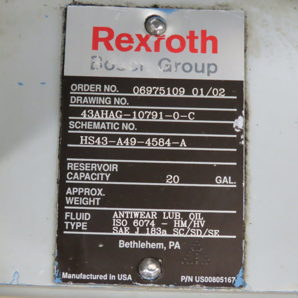 Rexroth 43AHAG-10791-0-C 20 Gallon Hydraulic Power Unit 230/460V 10Hp
