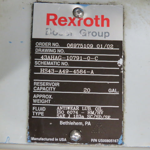 Rexroth 43AHAG-10791-0-C 20 Gallon Hydraulic Power Unit 230/460V 10Hp