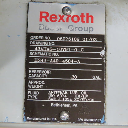 Rexroth 43AHAG-10791-0-C 20 Gallon Hydraulic Power Unit 230/460V 10Hp