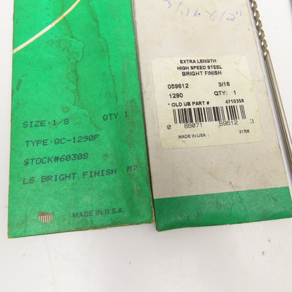 Precision Extra Length HSS Brite Finish Drill Bits 3/16" & 1/8" x 12" Lot/2