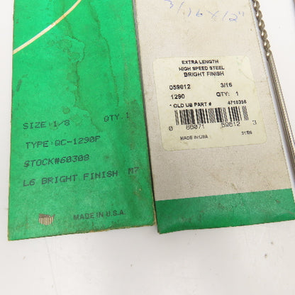 Precision Extra Length HSS Brite Finish Drill Bits 3/16" & 1/8" x 12" Lot/2