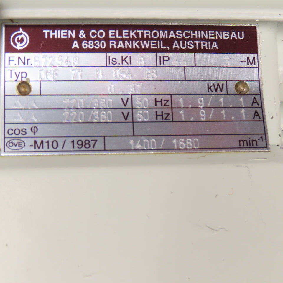 Thien & Co. DKF 71 N 054 GB 11.5:1 Ratio 0.37kW 220/380V Gear Motor W/ Brake