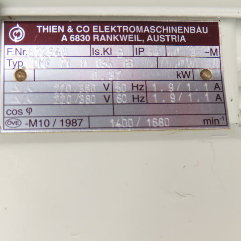 Thien & Co. DKF 71 N 054 GB 11.5:1 Ratio 0.37kW 220/380V Gear Motor W/ Brake
