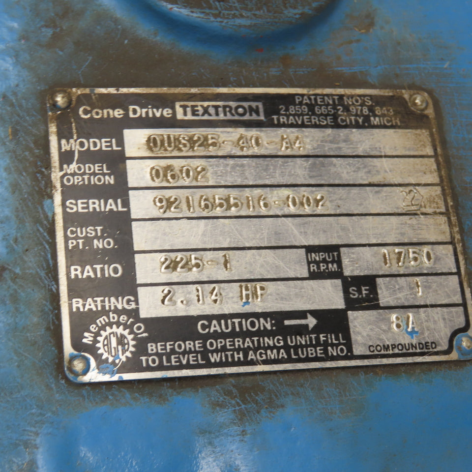 Cone Drive OUS25-40-A4 225:1 Ratio 2.14Hp Parallel Shaft Gear Reducer 7.7RPM