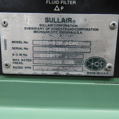 Sullair 10B-50H ACAC 50Hp 575V 60Hz Rotary Screw Air Compressor Tested 125PSI