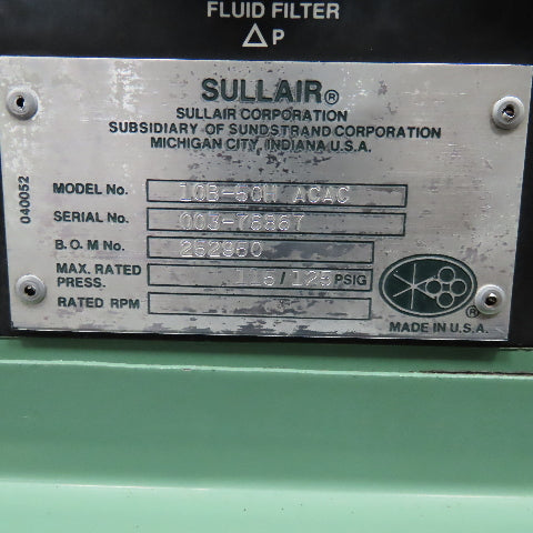 Sullair 10B-50H ACAC 50Hp 575V 60Hz Rotary Screw Air Compressor Tested 125PSI