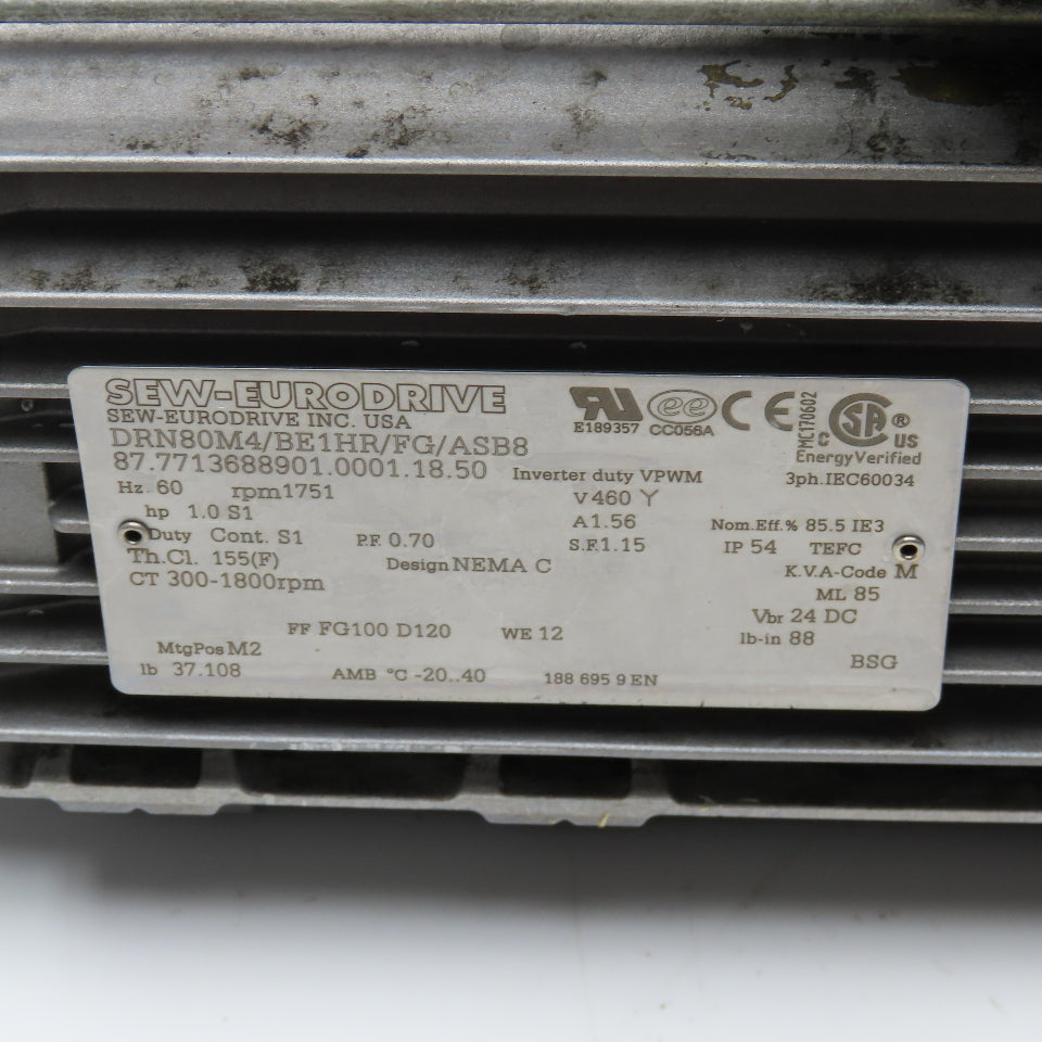 Sew DRN80M4/BE1HR/FG/ASB8 1Hp 1751RPM 460VY 3Ph Inverter Duty Brake Motor