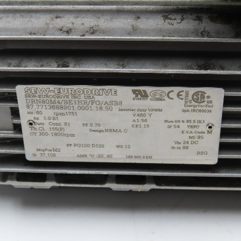 Sew DRN80M4/BE1HR/FG/ASB8 1Hp 1751RPM 460VY 3Ph Inverter Duty Brake Motor