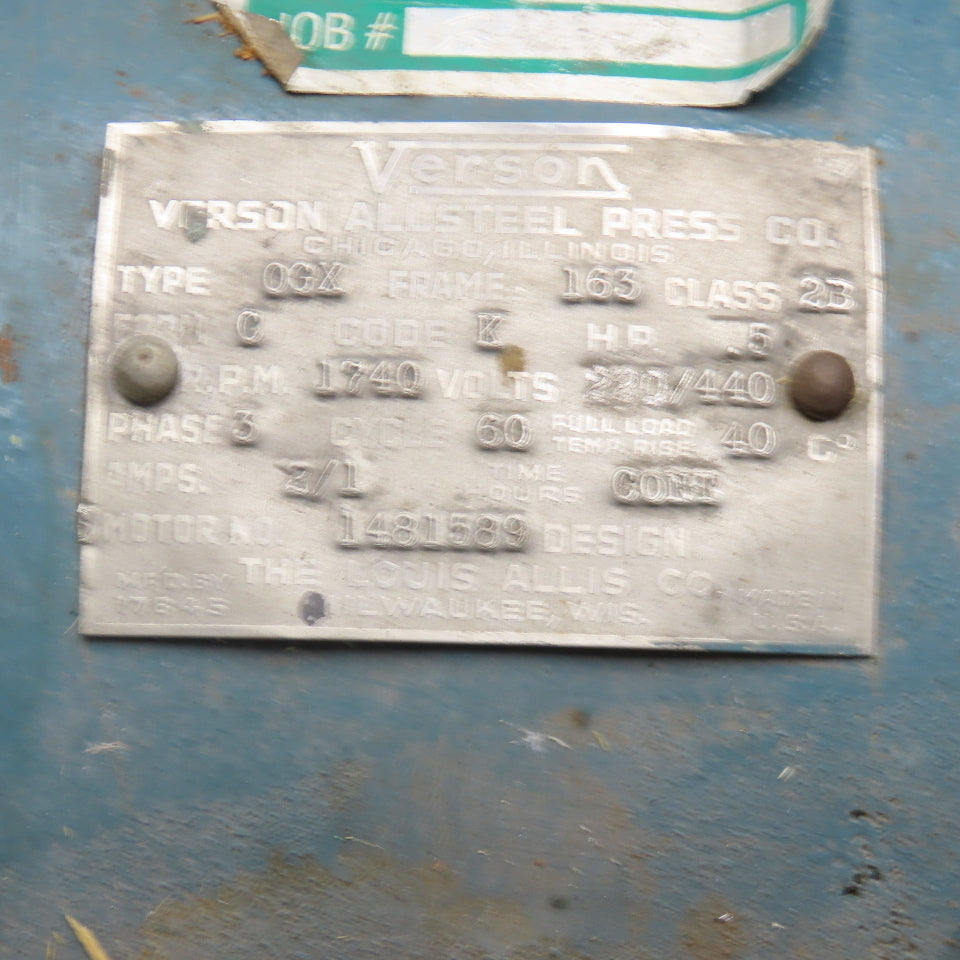 Verson Type OGX 1/2Hp 1740RPM 440V 3Ph Cast Iron AC Motor