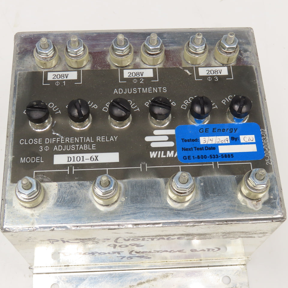 Wilmar D101-6X Close Differential Relay 3Ph Adjustable 208V