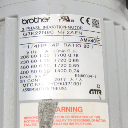 Brother G3K22N80-MF2AEN 80:1 Ratio Gear Motor 1/4Hp 200-460V 50/60Hz 3Ph