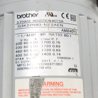 Brother G3K22N80-MF2AEN 80:1 Ratio Gear Motor 1/4Hp 200-460V 50/60Hz 3Ph