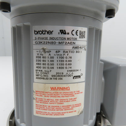 Brother G3K22N80-MF2AEN 80:1 Ratio Gear Motor 1/4Hp 200-460V 50/60Hz 3Ph