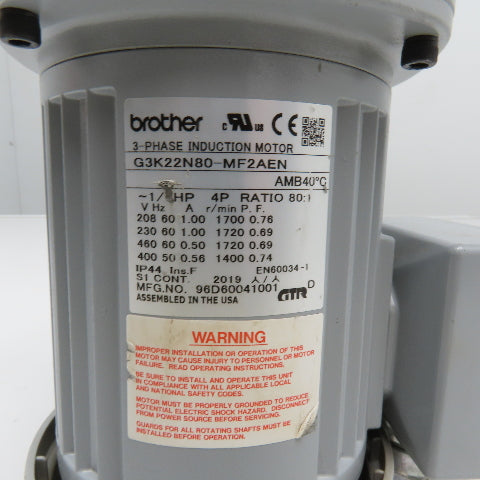 Brother G3K22N80-MF2AEN 80:1 Ratio Gear Motor 1/4Hp 200-460V 50/60Hz 3Ph