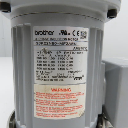 Brother G3K22N80-MF2AEN 80:1 Ratio Gear Motor 1/4Hp 200-460V 50/60Hz 3Ph