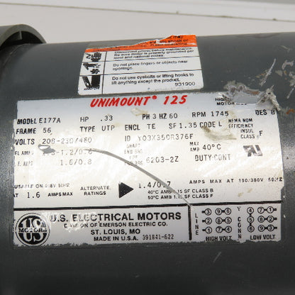 US Motors Type CWP 31:1 Ratio 56RPM Output Gear Motor 208-230/460V .33Hp