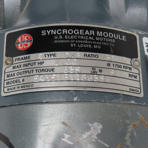 US Motors Type CWP 31:1 Ratio 56RPM Output Gear Motor 208-230/460V .33Hp