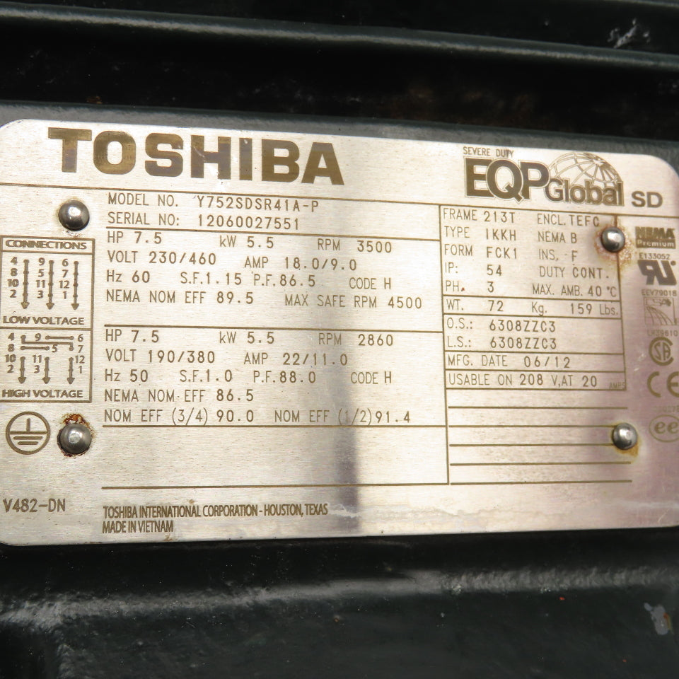 Toshiba Y752SDSR41A-P 7.5Hp 3500RPM 230/460V 50/60Hz AC Motor 213T
