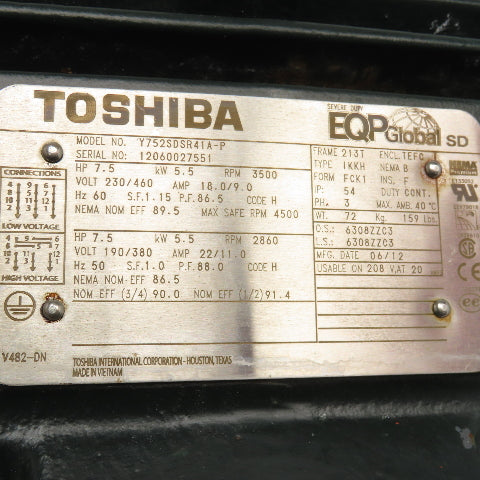 Toshiba Y752SDSR41A-P 7.5Hp 3500RPM 230/460V 50/60Hz AC Motor 213T