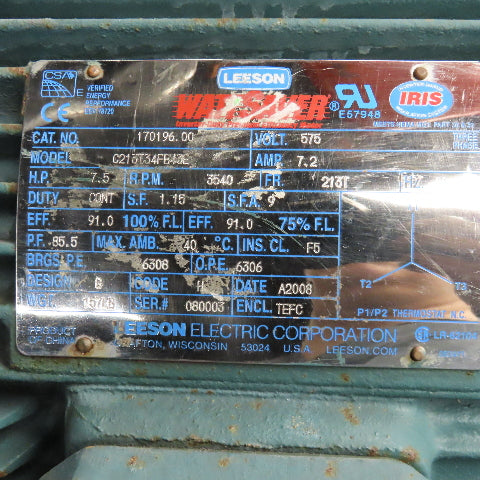 Leeson C213T34FB43E 7.5Hp 3540RPM 575V 3Ph 60Hz Inverter Duty AC Motor