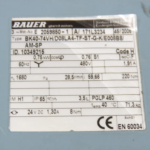 Bauer BK40-74VH 59.66:1 Ratio 28.5RPM Right Angle Gear Brake Motor 075kW 480V