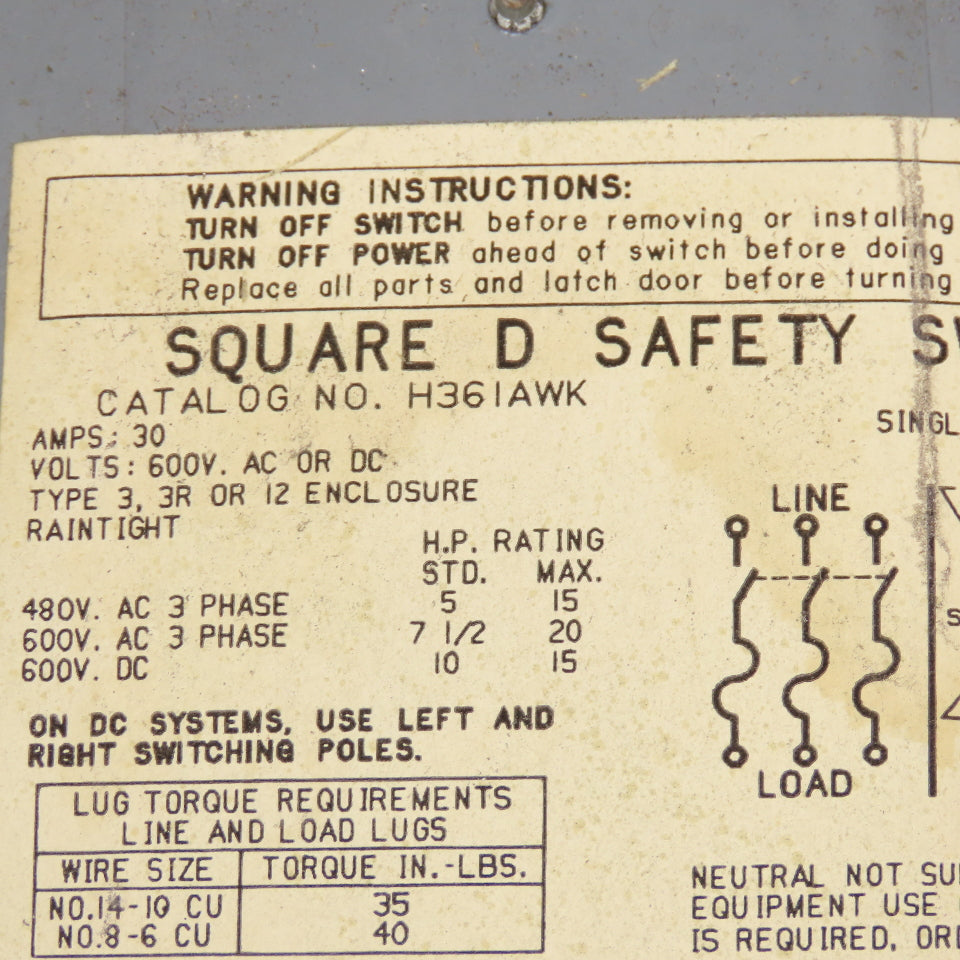 Square D H361AWK 30A 600V AC/DC 3 Pole Fused Safety Disconnect Switch