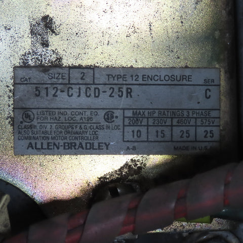 Allen Bradley 512-CJCD-25R 600V 45A 25Hp Fused Combination Starter Disconnect