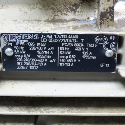 Siemens 1LA7130-4AA10 6.3kW 1455/1755RPM 230/400-460V 50/60Hz AC Motor