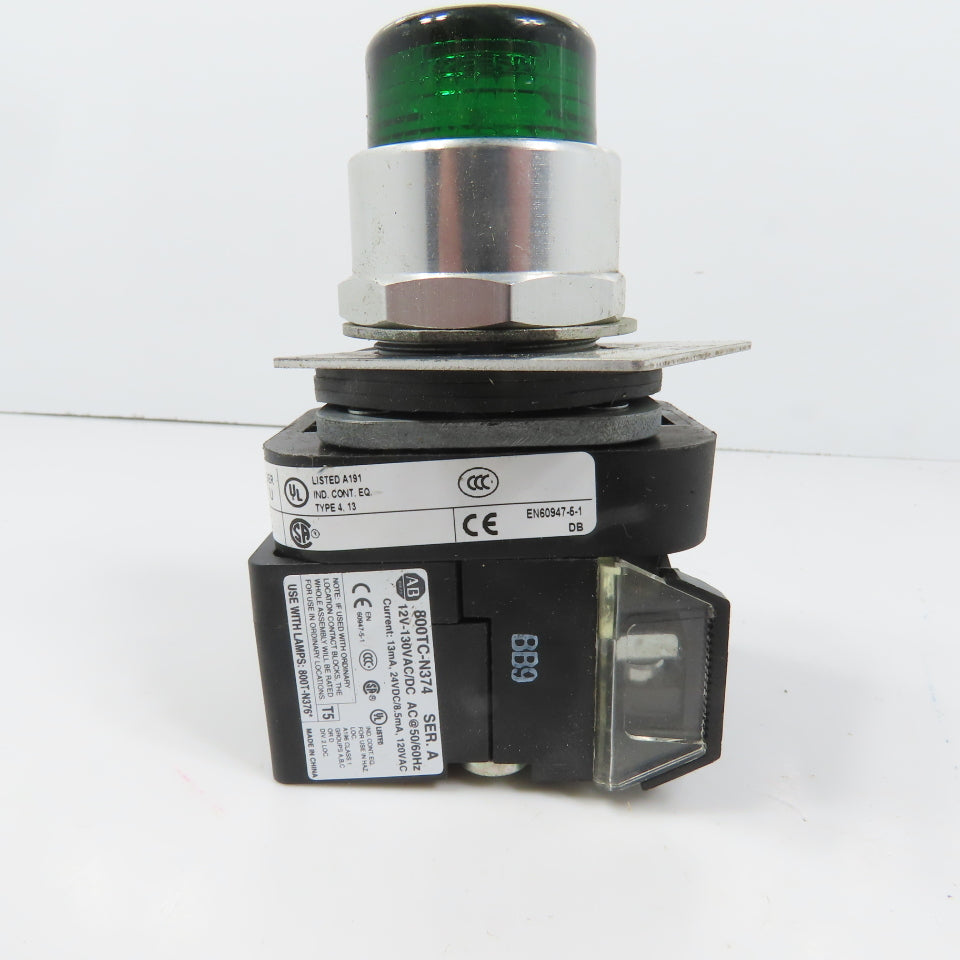 Allen Bradley 800TC-QBH2G Green Momentary Contact Button 12-130V W/ 800TC-N374