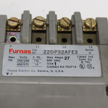 Furnas 22DP32AFE3 Size 1 Reversing Starter Contactor 27A 120V Coil W/ Overload