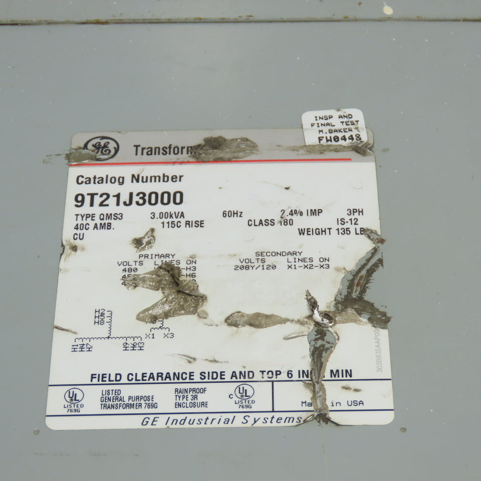 GE General Electric 9T21J3000 3KVA Transformer 432/480V Pri 208Y/120V Sec 3Ph