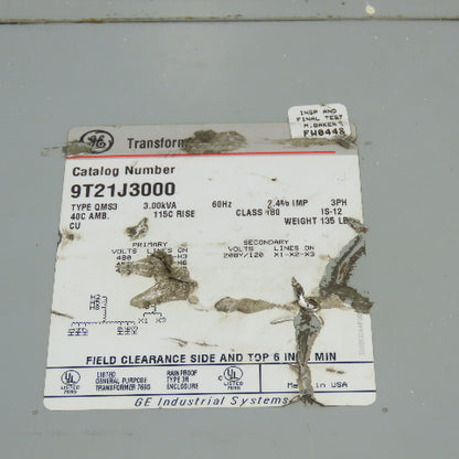 GE General Electric 9T21J3000 3KVA Transformer 432/480V Pri 208Y/120V Sec 3Ph