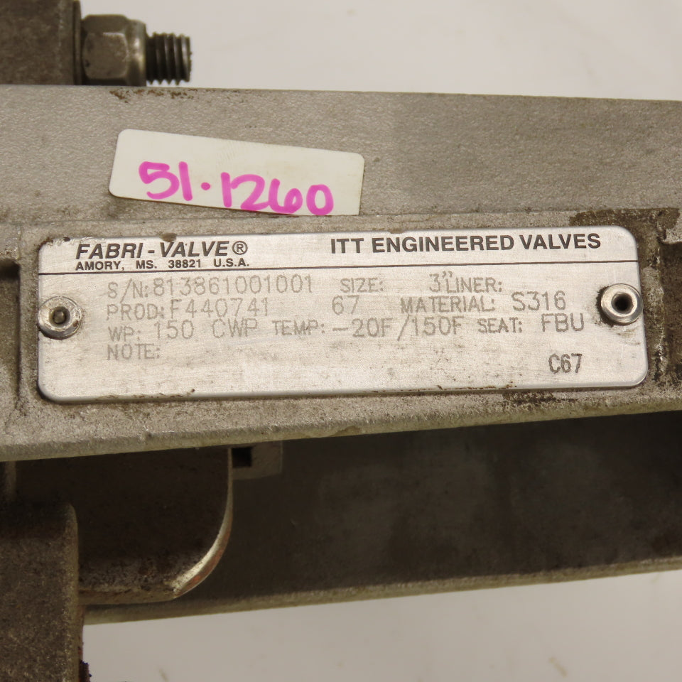 Fabri-Valve FV1311 3" Stainless Steel S316 Manual Knife Gate Valve 150PSI