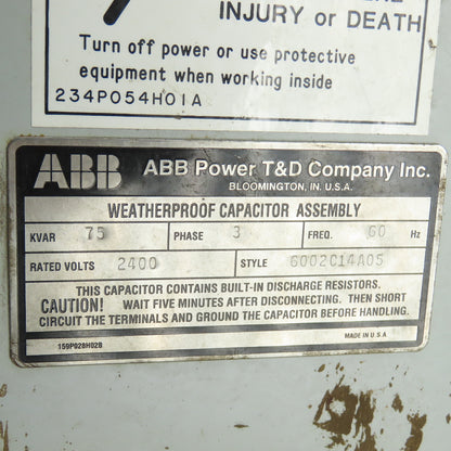 ABB 6002C14A05 75KVAR Waterproof Capacitor Assembly 3Ph Rated 2400V 60Hz