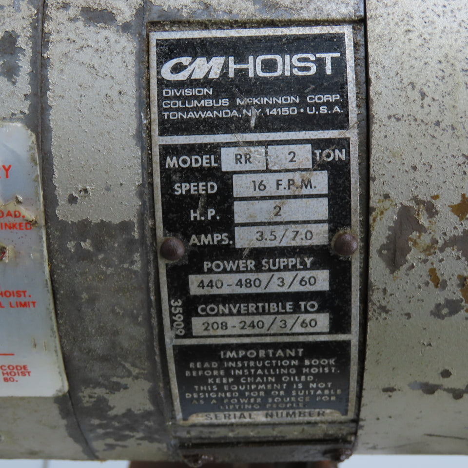 CM Model RR Lodestar 2-Ton 4000LB Electric Chain Hoist 15' Lift 230/480V 16FPM