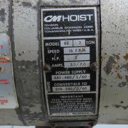CM Model RR Lodestar 2-Ton 4000LB Electric Chain Hoist 15' Lift 230/480V 16FPM