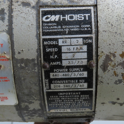 CM Model RR Lodestar 2-Ton 4000LB Electric Chain Hoist 15' Lift 230/480V 16FPM