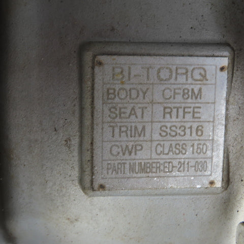 Bi-Torq ED-211-030 3" SS316 Stainless Steel Ball Valve Seat RTFE Body CF8M
