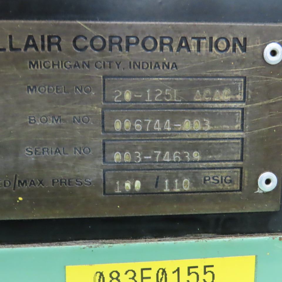 Sullair 20-125L 24KT 125HP Rotary Screw Air Compressor 480V 3PH 93K Hours Tested