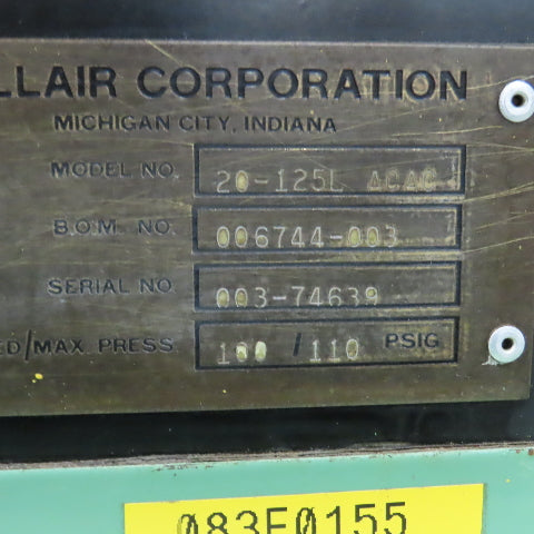Sullair 20-125L 24KT 125HP Rotary Screw Air Compressor 480V 3PH 93K Hours Tested