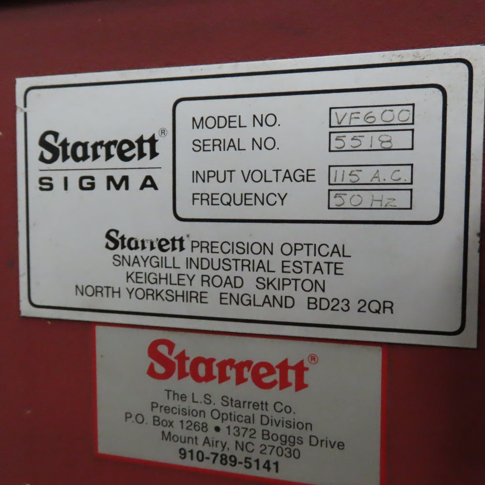 Starrett Sigma VF600 Vertical Optical Comparator 115V W/ Quadra-Chek 200 DRO