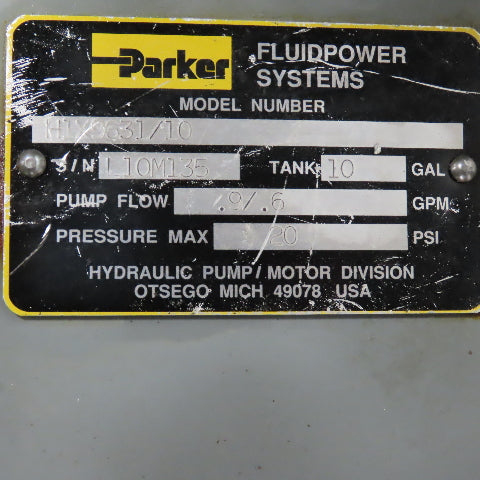 Parker H1X9631/10 10 Gallon 1.5HP Hydraulic Power Unit 230/460V 0.6/0.9GPM